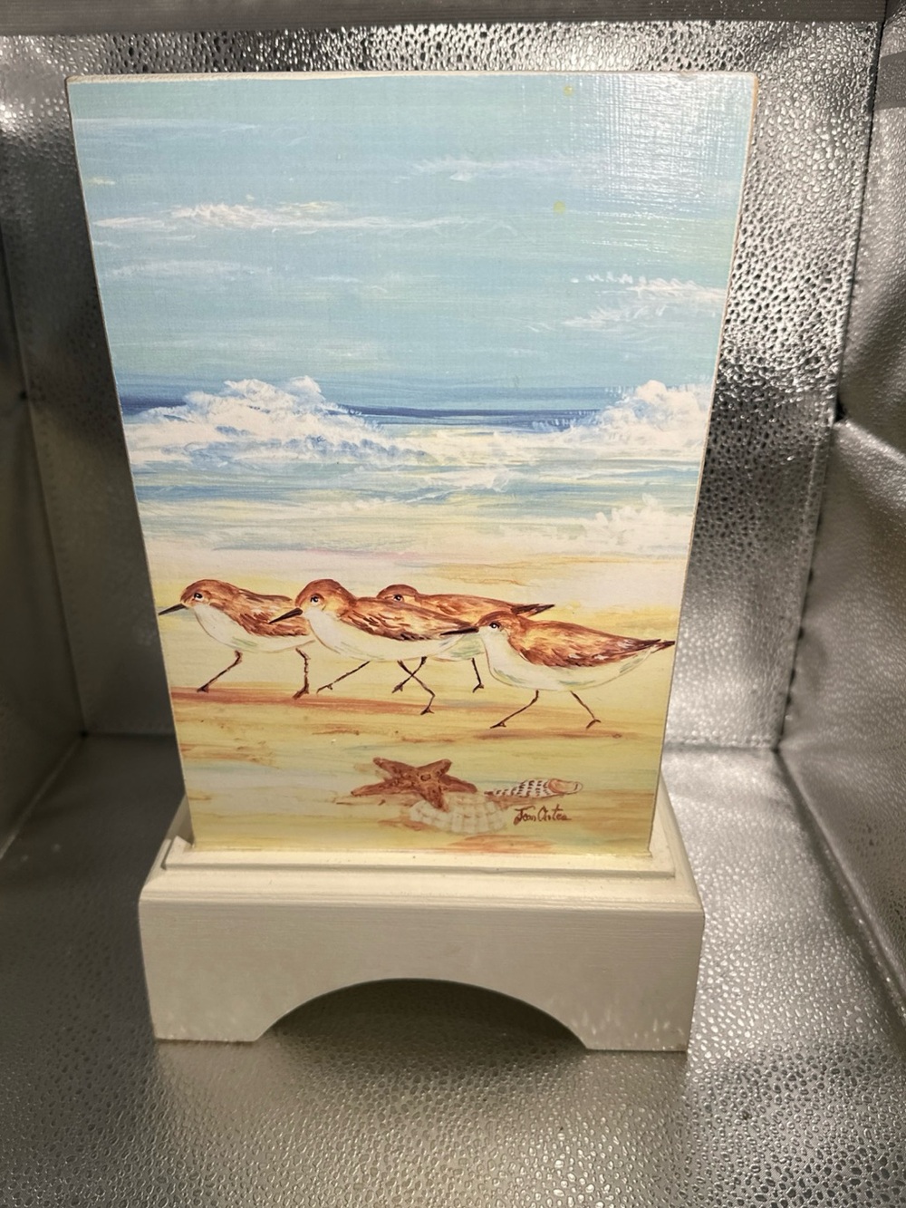 Coastal Shorebird Decorative Bath Accessory trash wooden bin in Blue and Brown